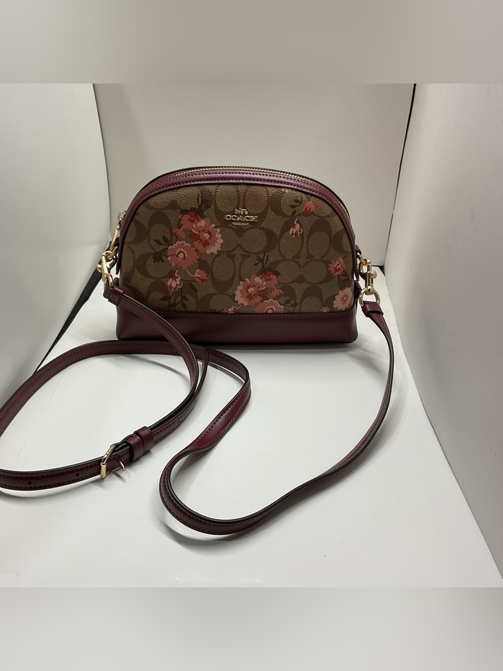 Coach Brown Floral Signature Dome Crossbody with Burgundy Trim - Picture 2 of 3